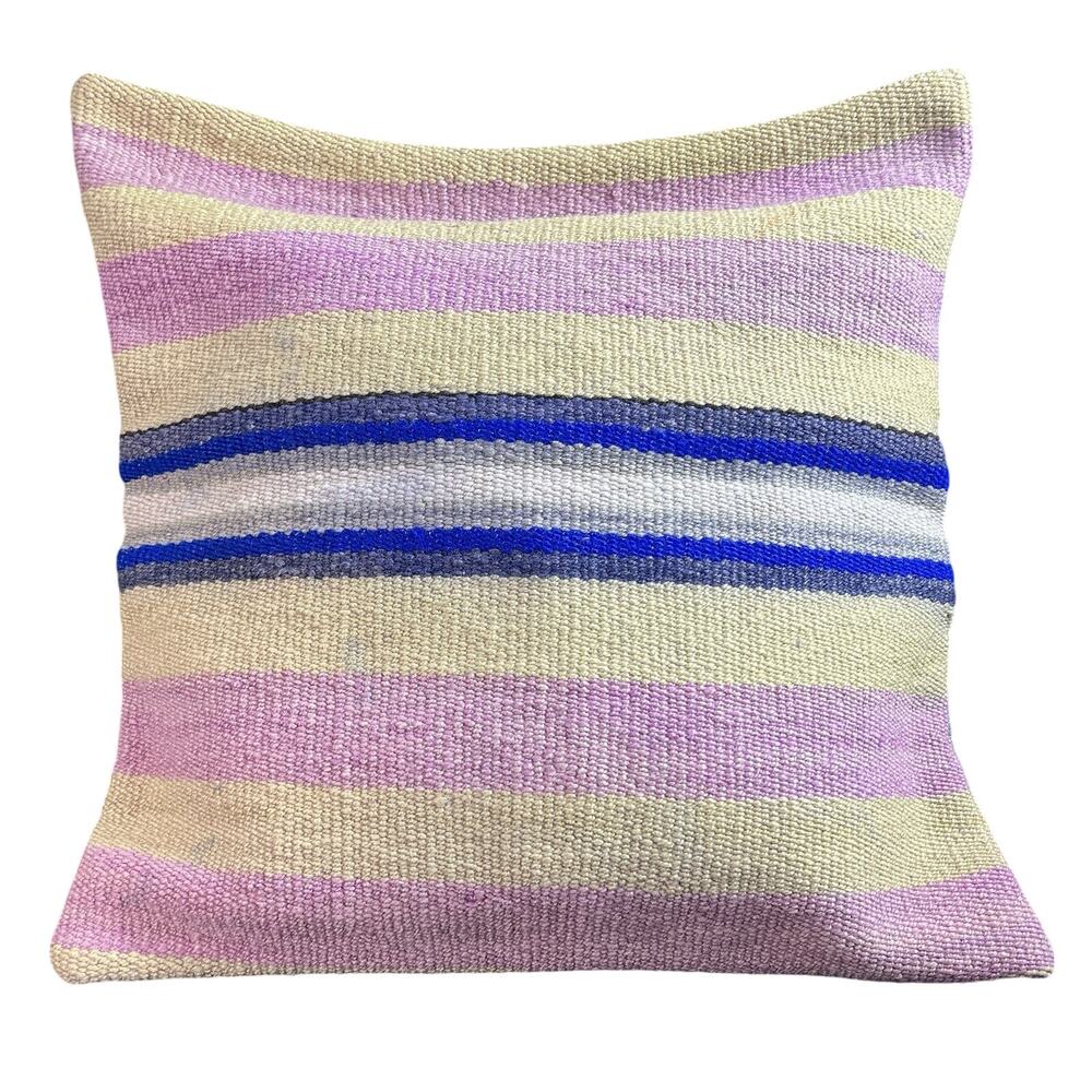 Handmade Peruvian Pillow Cover 17x17 Andean Woven Textile Pink Blue Striped